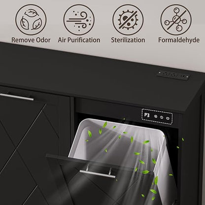 Double Tilt Out Trash Can Cabinet with Charging Station, Negative Ion Odor Control, Hidden Dual 10-Gallon Recycling Cabinet, Dog Proof Garbage Can for Kitchen, Laundry, Dining Room,Black