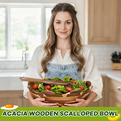 Geiserailie 15 Inch Acacia Wood Salad Bowl Set Extra Large Scalloped Farmhouse Serving Bowl with 2 Wooden Spoons Handmade Mixing for Fruit, Pasta, Entertaining, Wedding Registry, Kitchen Decor