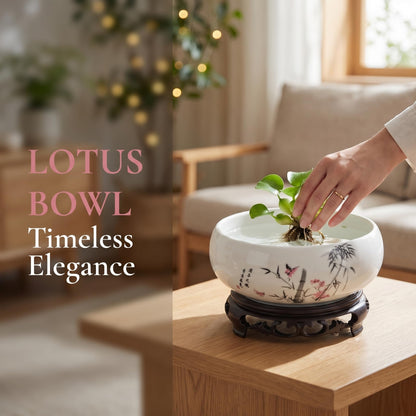 Homoyoyo Ceramic Lotus Bowl, Planter Hydroponic Water Lily Bowl 6.9In Aquatic Plant Pot Wide Shallow Bonsai Planter Succulent Pot Chinese Style Flower with Plastic Base for Indoor Plants Garden