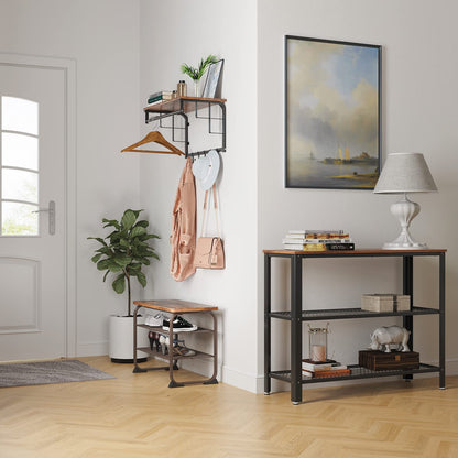VASAGLE Coat Rack, 3-in-1 Hall Tree, Entryway Shoe Bench Coat Stand, Storage Shelves & Shoe Bench Rack, 3-Tier Storage Shelf for Entryway Hallway Living Room, Industrial Accent Furniture