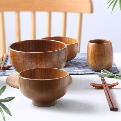 Originalidad Handmade Wood Bowls,Jujube Wooden Japanese Bowl with Matching Spoon for Rice, Soup,Dip,Salad,Tea,Decoration 4 Sets(4 Bowls 4.2 IN + 4 Spoons)