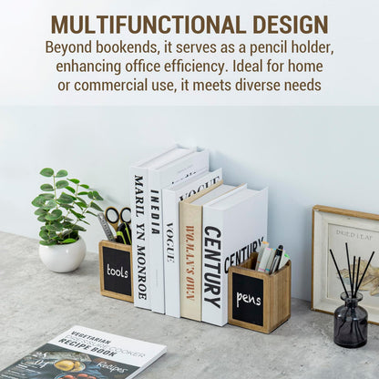 MyGift Wood Bookends and Pen Holders with Chalkboard Labels, Book Ends for Office Desk Shelves, Natural Wooden Rectangular Pencil Cups, Premium Acacia, 1 Pair