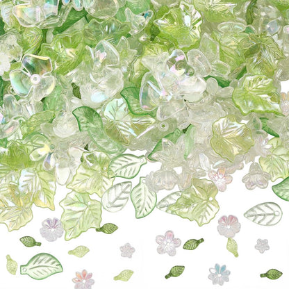 SUNNYCLUE 1 Box 460Pcs Transparent Acrylic Flower Beads Green Leaves Beads Kit Plastic Pink White Assorted Spring Cherries Blossom Caps Loose Spacer for Jewelry Making Necklace Charms Craft Supplies
