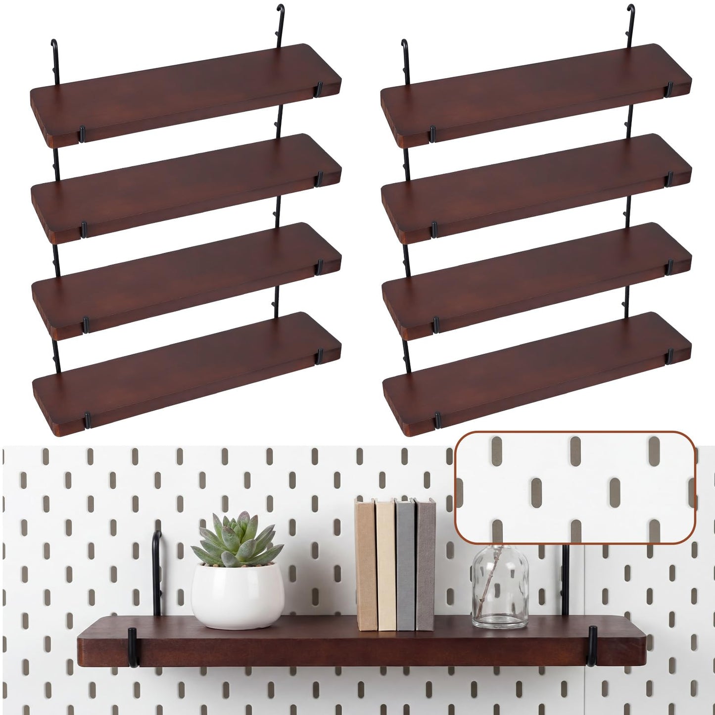 Novabright 8 Pcs Walnut Color Pegboard Shelves Set with Metal Brackets Hooks 11.8 x 4'' Wall Wooden Pegboard Shelving Heavy Duty Accessories for Crafts Office Garage, Compatible with IKEA Skadis