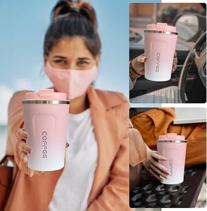 YINBAOGE Insulated Travel Coffee Mug, Spill & Leak Proof, Portable To Go Camping Stainless Steel Coffee Tumbler, Reusable Thermal Coffee Cup with Lid for Hot & Cold Drinks (2nd-Pink White, 12 OZ)