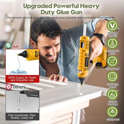 Cordless Hot Glue Gun for DeWalt 20V Battery Powered, 100W Full Size Glue Gun Cordless & Rechargeable, Wireless Battery Powered Hot Glue Gun and Sticks Set with 12pcs 0.43'' Glue Sticks (Yellow)