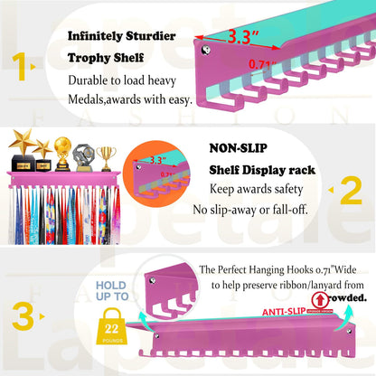 Lapetale Fashion Non-Slip Pink Trophy Shelf - 16 Inch Medal Hanger Display for Wall with Upgraded Shelves for Trophies, Gymnastics, Soccer, Swim