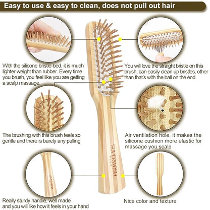 Hair Brush Set for Women & Men, Natural Bamboo Bristles Wet Dry Flat Paddle Detangling Bamboo Brushes Fit All Types Hair, Brush Cleaner Tool included - 3 Pack