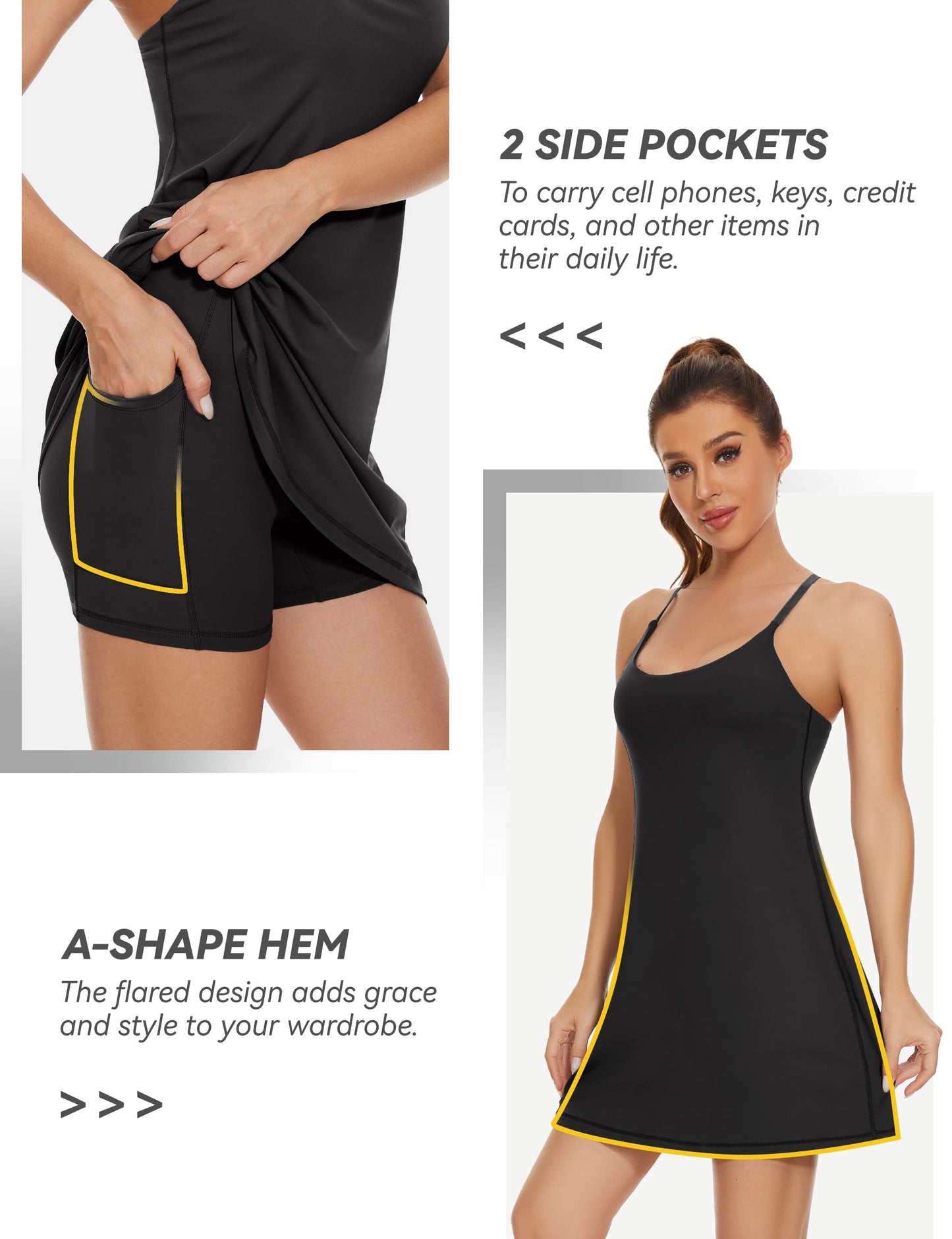 Womens Tennis Dress, 2-in-1 Golf Workout Dress with Built-in Bra & Shorts Pockets, Athletic Dresses with Adjustable Strap A-Black