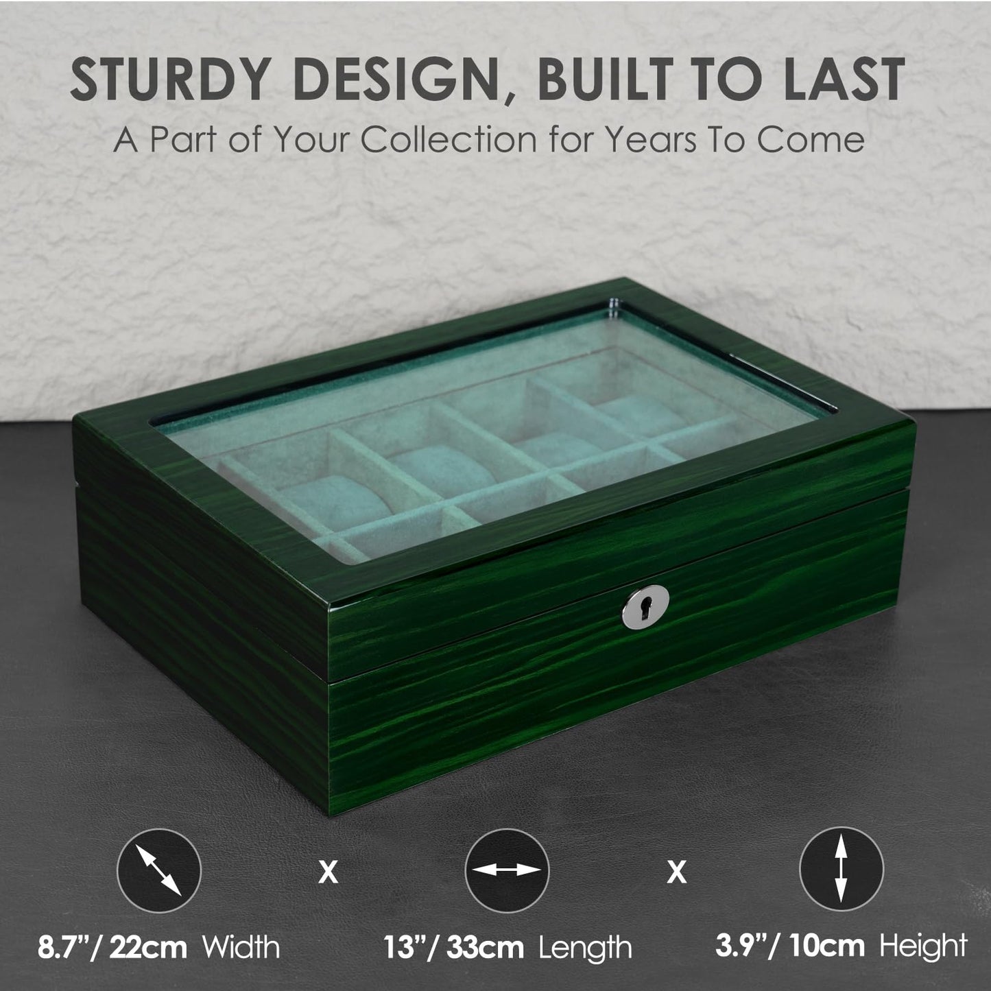SYENS Watch Box for Men 10 Watches Storage Organizer Case, Smart Watch Display, Green Wood with Soft Suede Interior, Large Glass Window, Gift for Women and Man (10W-GR)