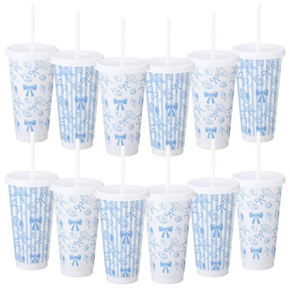 Pickmesh 12 Pcs 24 oz Coastal Blue Bow Plastic Cups with Lids and Straws Bulk Coastal Ocean Party Decoration Supply Blue Shell Reusable Tumbler for Birthday Wedding Baby Shower Party