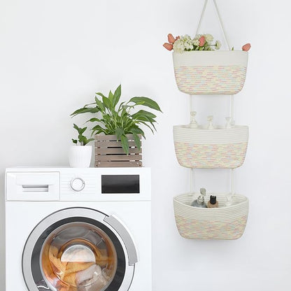 TeoKJ 3-Tier Woven Cotton Wall-Mounted Hanging Storage Baskets, Over the Door