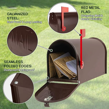 Bronze Metal Mailbox Post Mount, RAINHOL Medium Compacity Mail Box, Galvanized Steel Standard Mailboxes for Outside, 20 x 8.7 x 6.7 inches