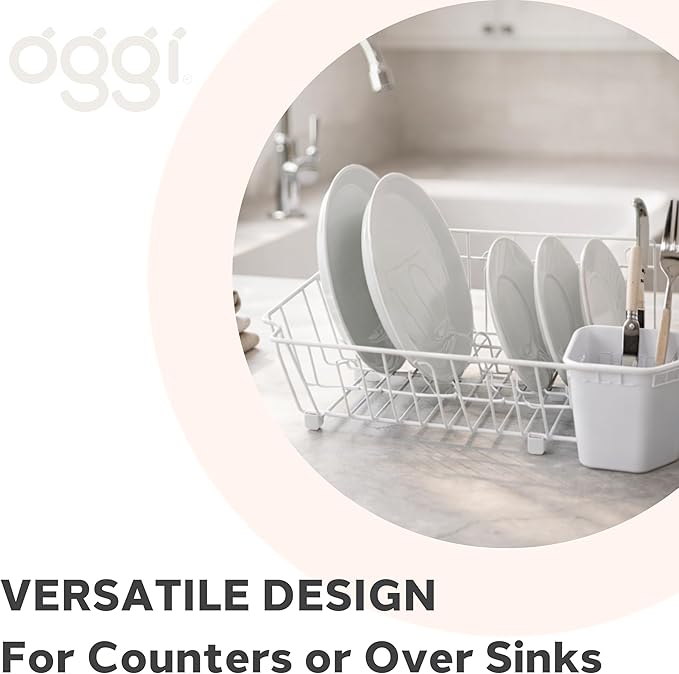 Oggi Compact Dish Drying Rack - White Metal Dish Drainer Rack, Drying Rack Kitchen, Dish Rack, Dish Racks for Kitchen Counter, Durable Coated Metal Kitchen Drying Rack with Cutlery Holder