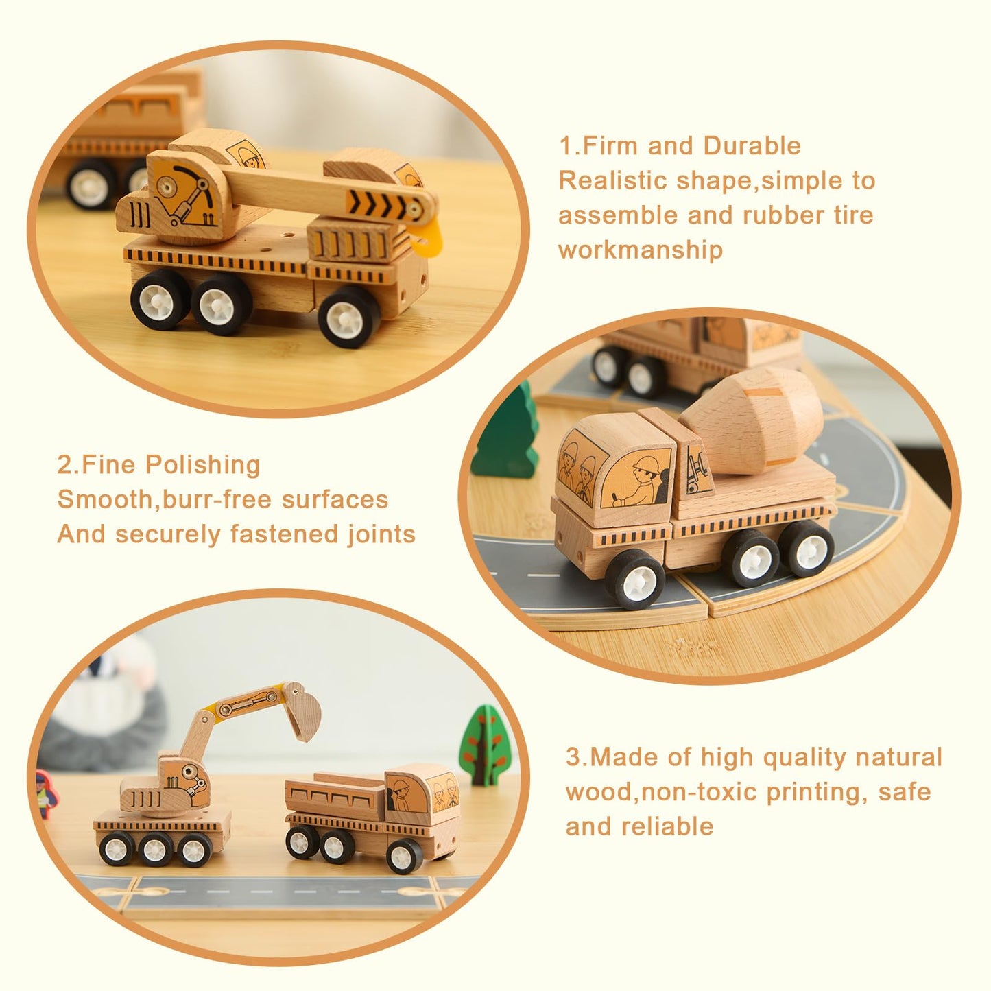 Udeas 6-Piece Wooden Construction Vehicle Toys Set with Bulldozer, Excavator, Crane, Dump Truck – Montessori Toddler Toys Ages 2-4, All-Natural Safe Push & Go Gift for Boys & Girls