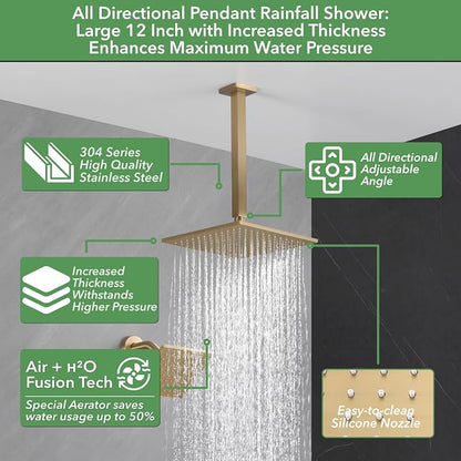 VANFOXLE Brushed Gold Shower System, Push Button Pressure Balance Shower Valve, Ceiling Mount Thick 12" Shower Head, 6" Shower Head, 2-in-1 Handheld, High Pessure Self-Cleaning for Modern Bathroom