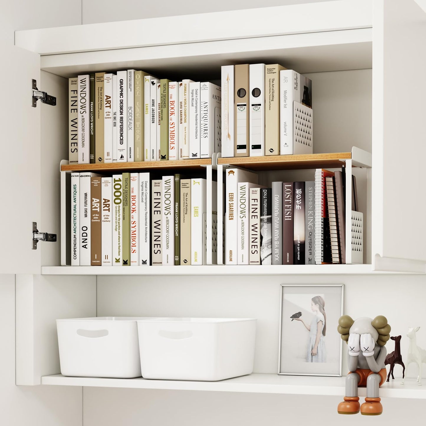 Mitus Shelf Organizer and Storage, Tiered Wood Cabinet Rack for The Kitchen Counter, Bathroom Counter, Pantry Cupboard, Office Desk Bookshelf, 16" Wide Natural and White (Large)