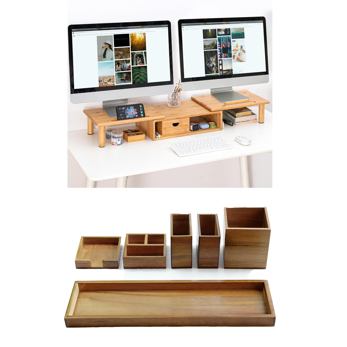 ROCDEER Dual Monitor Stand Riser with Drawer for Desk Laptop Desk Shelf + Wood Vanity Tray, 6-Piece Countertop Organizer Vanity Tray Set