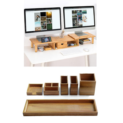 ROCDEER Dual Monitor Stand Riser with Drawer for Desk Laptop Desk Shelf + Wood Vanity Tray, 6-Piece Countertop Organizer Vanity Tray Set