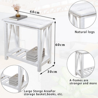 FEUFOAM Farmhouse Narrow End Table Wooden Rustic White Side Tables with Storage Shelves Narrow Sofa Table for Small Spaces Living Room Bedroom Bathroom Dorm