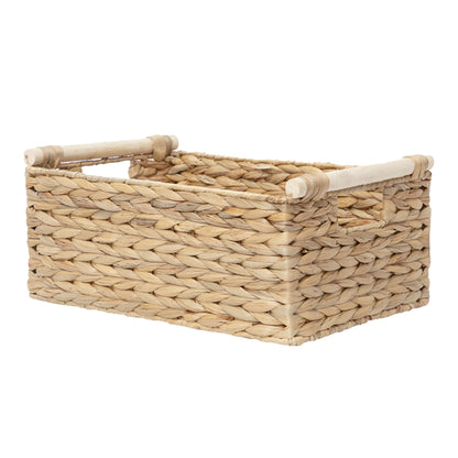 Water Hyacinth Wicker Storage Basket, Rectangular Handwoven Shelf Organizer with Wooden Handles for Pantry & Closet (Large)