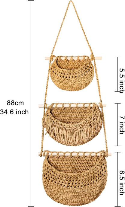 Lawei 3 Tier Hanging Fruit Basket, Wall Hanging Vegetable Fruit Baskets Cotton