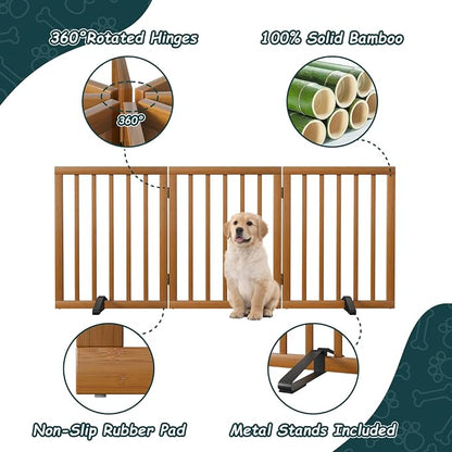 Semiocthome Freestanding Dog Gate 24“Tall, Walnut Foldable Dog Gates for Doorways Stairs Indoor, Wooden 3 Panels Pet Gates for Dogs with 2 Metals Stands, Fully Assembled Door Gates Fences