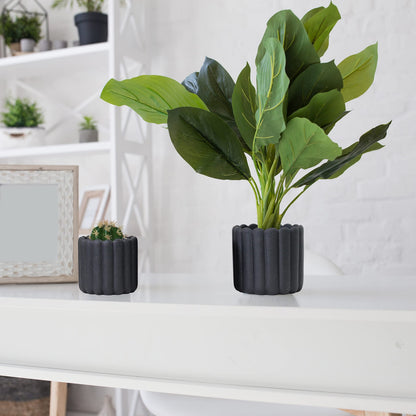 Olly & Rose iOS Vertical Striped Ribbed Plant Pot - Charcoal Speckled Ceramic Planters - 6.6 + 5 Inch Indoor and Outdoor Flower Pots Home Decor (Black Ribbed)