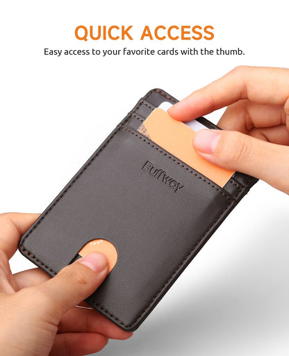 Buffway Mens Slim Wallet, Minimalist Thin Front Pocket Leather Credit Card Holder with RFID Blocking for Work Travel - Boston Chocolate