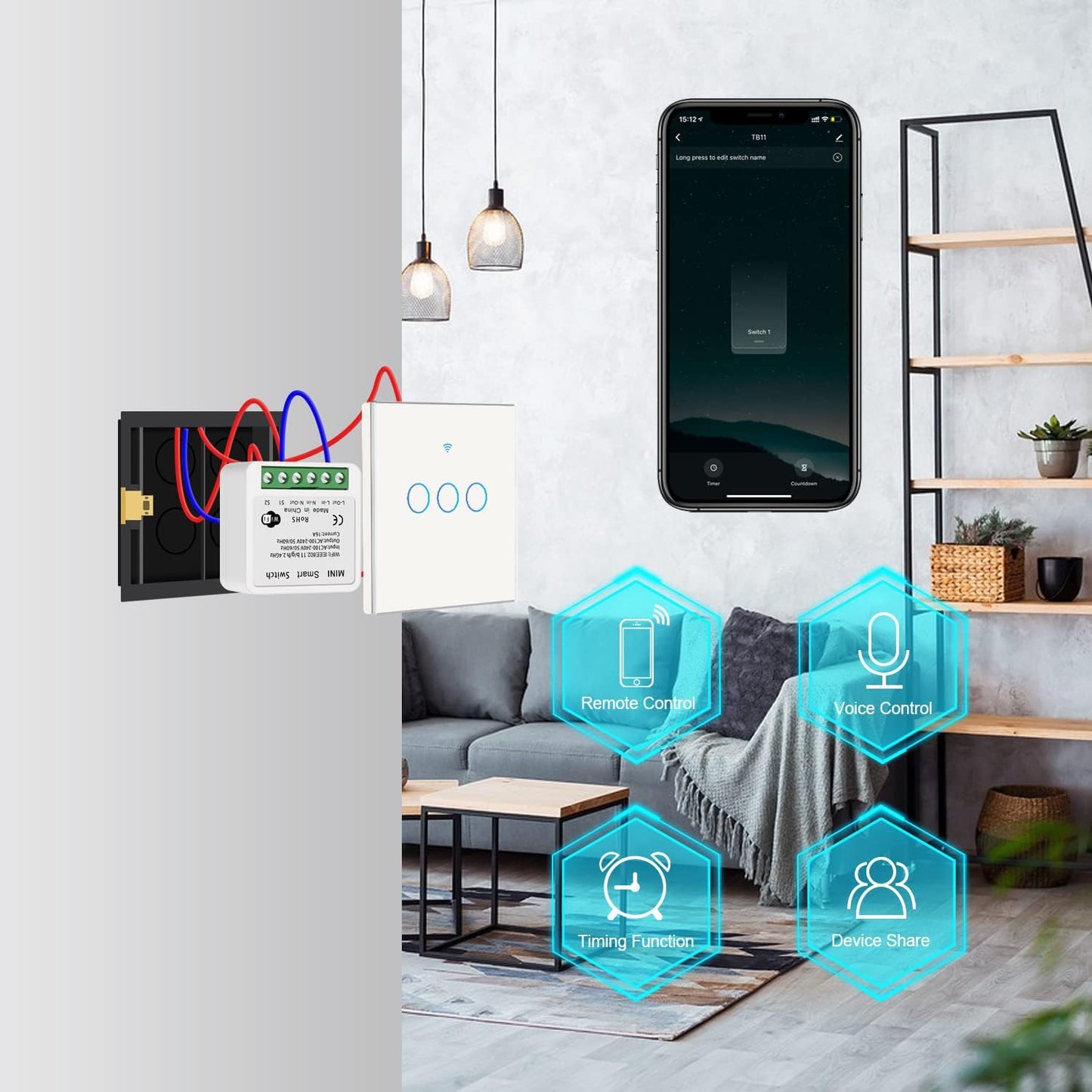 WiFi Smart Switch Light Switch, Compatible with Alexa/Google Home, APP Remote Control, Voice Control, DIY Mode, Timer Function, LAN Control, No Hub Required, 2 Way 16A(4 Pack)
