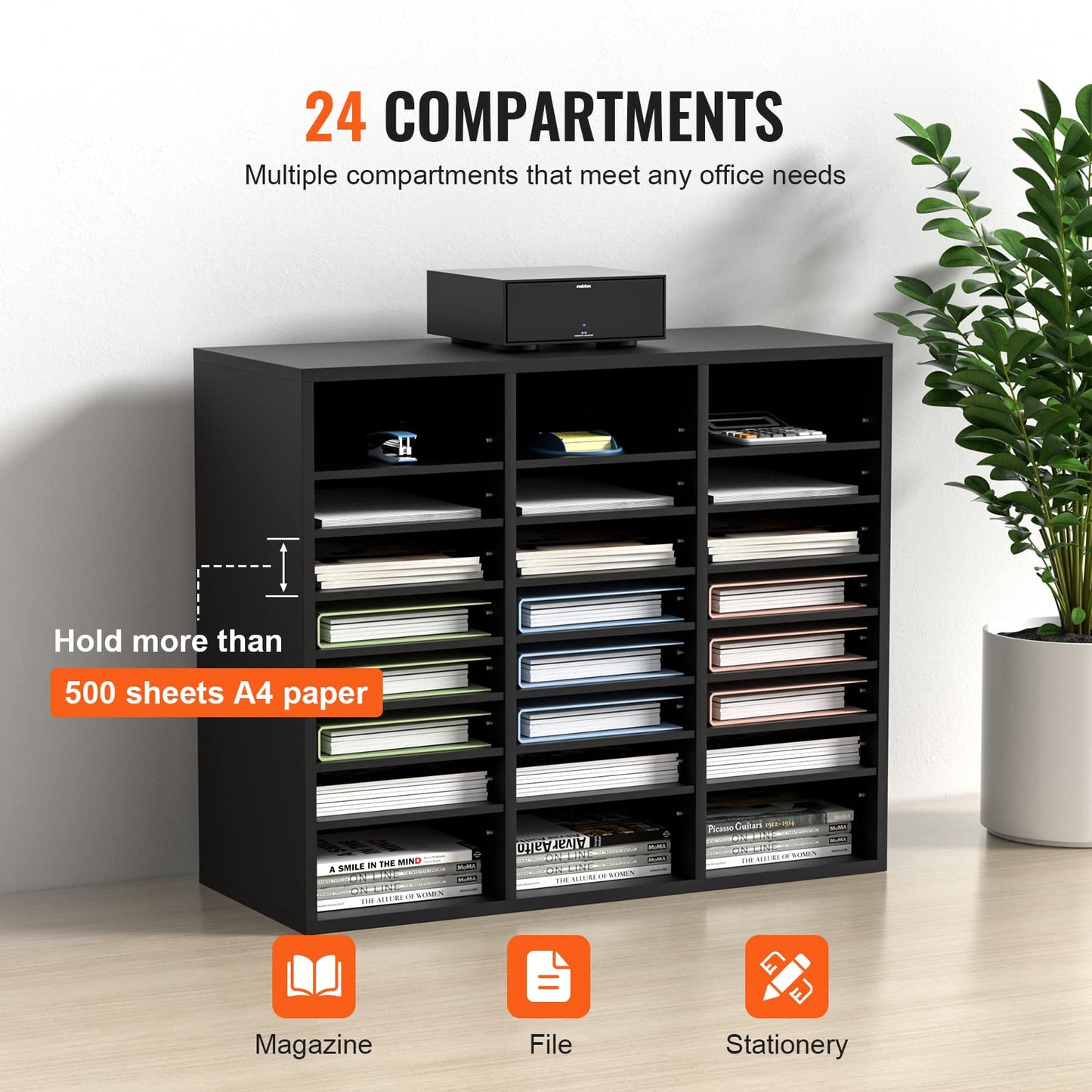 VEVOR Literature Organizers, 24 Compartments Office Mailbox with Adjustable Shelves, Wood Literature Sorter 29x12x24.4 inches for Office, Home, Classroom, Mailrooms Organization, EPA Certified Black