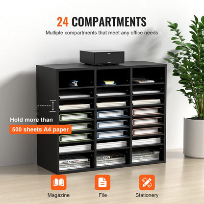 VEVOR Literature Organizers, 24 Compartments Office Mailbox with Adjustable Shelves, Wood Literature Sorter 29x12x24.4 inches for Office, Home, Classroom, Mailrooms Organization, EPA Certified Black