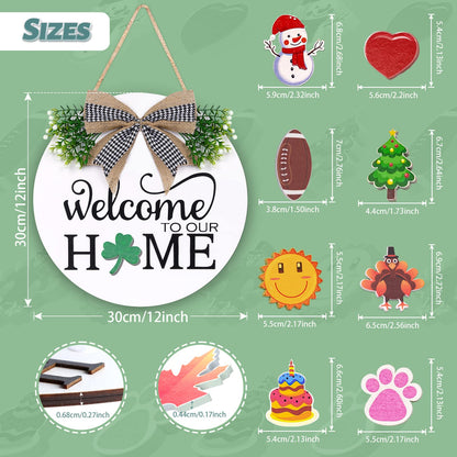 Interchangeable Welcome Sign for Front Door - Solid Wooden Welcome Wreaths with 16 Seasonal Holiday Icons Front Door Decor for Farmhouse Hanging, Valentine's, Easter Christmas Housewarming Gift Decor