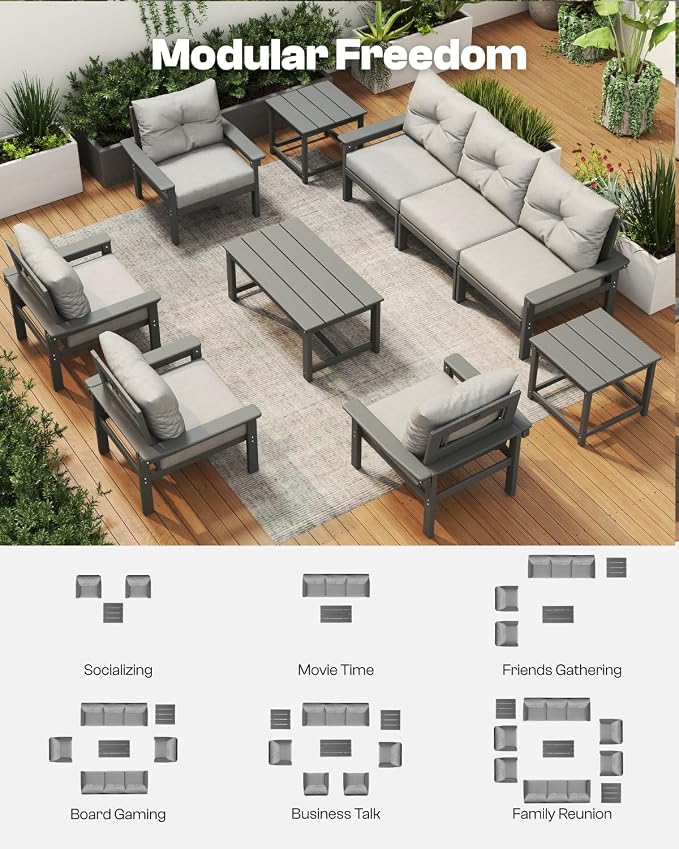 HDPE Outdoor Patio Furniture Set, 6-Piece Patio Conversation Sets with Coffee Table & Side Table & Grey Washable Thick Cushions, Outdoor Sofa for Balcony, Porch, Poolside (Grey Frame)