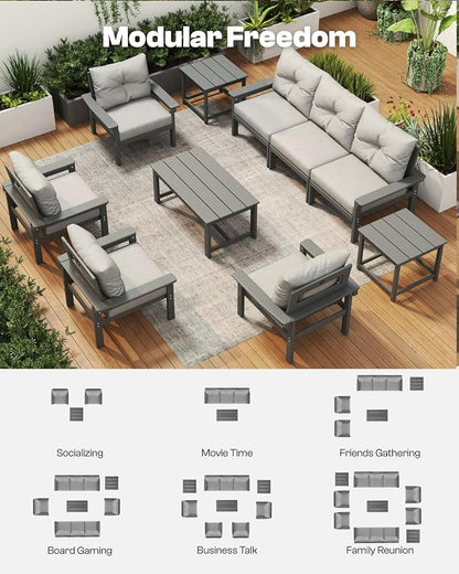 Grey HDPE Patio Sofa Set, 4-Piece Sectional Outdoor Patio Furniture Set, All Weather Outdoor Couch Set with Coffee Table & Washable Thick Cushions for Balcony, Porch, Poolside