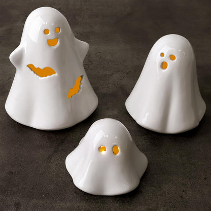 Halloween Decorations Big Ceramic Ghost Figurines: 3ct Spooky Light Up Ghost Decor with LED Lights, Cute Pastel Farmhouse Table Tiered Tray Fireplace Halloween Decor for Kids Home Office Party