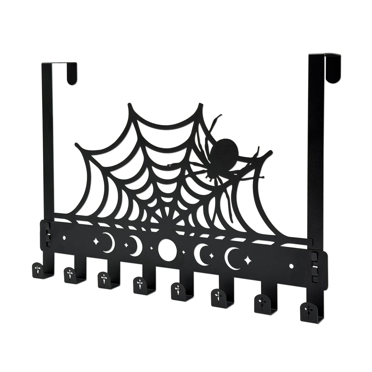 Gothic Spider Web Over The Door Hooks - 8-Hook Set with Moon Phase & Cross Design for Halloween Spooky Bathroom Decor | Metal Towel Hanger for Goth Home Accessories | Halloween Gothic Wall Organizer