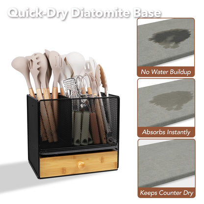 Kitchen Utensil Holder Countertop, Extra Large Utensil Organizer with Drawer, 2-Tier Utensil & Silverware Organizer for Kitchen Counter, Cooking Utensil Cutlery Caddy, Quick Dry Diatomite Base