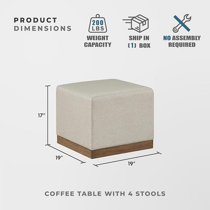 Lexicon 44" Square Coffee Table with 4 Upholstered Stools, Maple Veneer Wood Cocktail Table, Gray Upholstered Stools with Casters, Modern Living Room/Apartment Centerpiece, Full Assembled, Brown