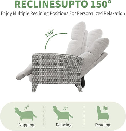 IDEALHOUSE Wicker Outdoor Recliner Reclining Patio Chairs with Adjustable Back & Footrest 150° Lay-Flat Reclining with Air Pump Rattan Flip-Up Side Table Outdoor Lounge Chairs for Pool Deck Balcony