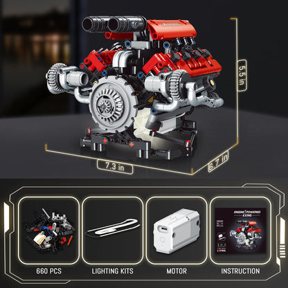 OWNONE 1 V8 Engine Model Kit that Work - 8-Cylinder Visible Engine Building Blocks Set with Motor, LED Light & APP Control - Build Your Own Engineering Kit, STEM Project for Adults & Kids (660 PCS)