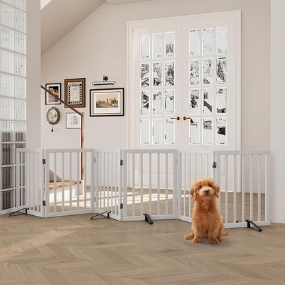 Semiocthome Wood Dog Gates for The House Extra Wide, 6-Panel Freestanding Pet Gates with 4PCS Metal Stands for Doorways and Stairs, 24" H Foldable Dog Fences Indoor, Expands Up to 110" (W)- White