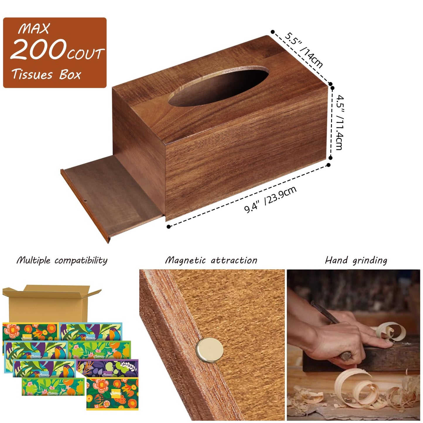 BIBELUN Tissue Box Cover, Acacia Wood Tissue Box Cover Rectangle with Slide-Out Bottom, Wooden Decorative Cube Facial Tissue Holder/Organizer/Dispenser for Bathroom, Office Desk & Bedroom Decor