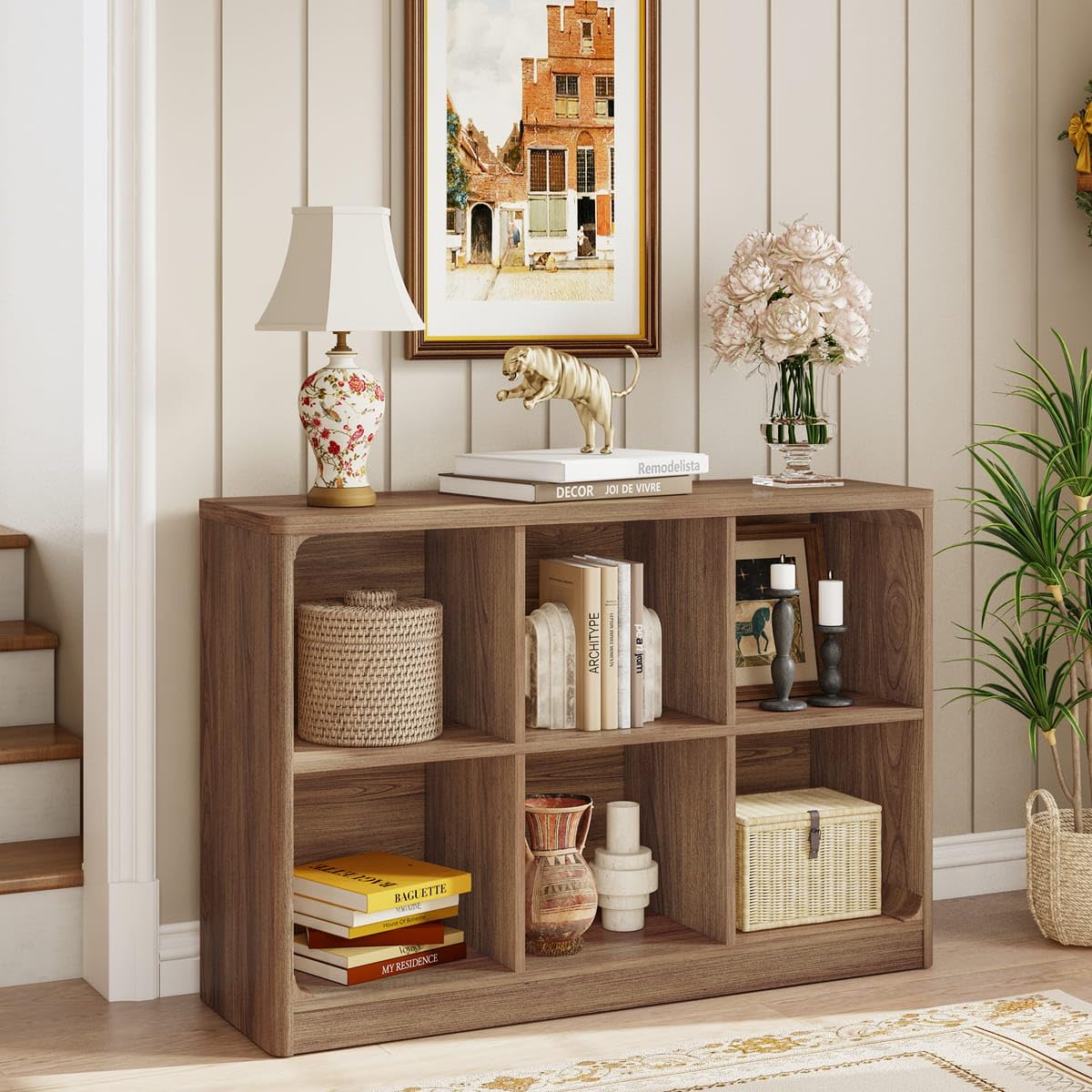 FATORRI 6 Cube Storage Bookcase, Rustic Wood Horizontal Bookshelf with Rounded Corners, Low Cube Organizer Shelf for Living Room, Bedroom, Office (Walnut, 43 Inch)