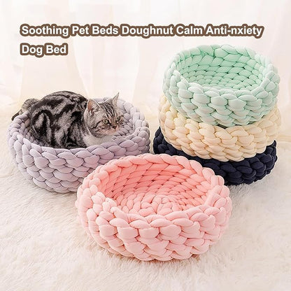 Woven Dog Bed Basket, Knitted Cotton Cat Bed Round Washable Woven Cat Pet Bed Chunky Dog Basket, Orthopedic, Chunky Knit Dog Nest,Dog Bed,Dog Cave,Dog Bedding(Khaki,19")