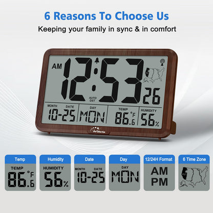 WallarGe Atomic Wall Clock with Backlight, Digital Wall Clock Battery Operated for Classroom, Bedroom, Office, Large Display with Indoor Temperature, Humidity, Date, AUTO DST, 6 Time Zones