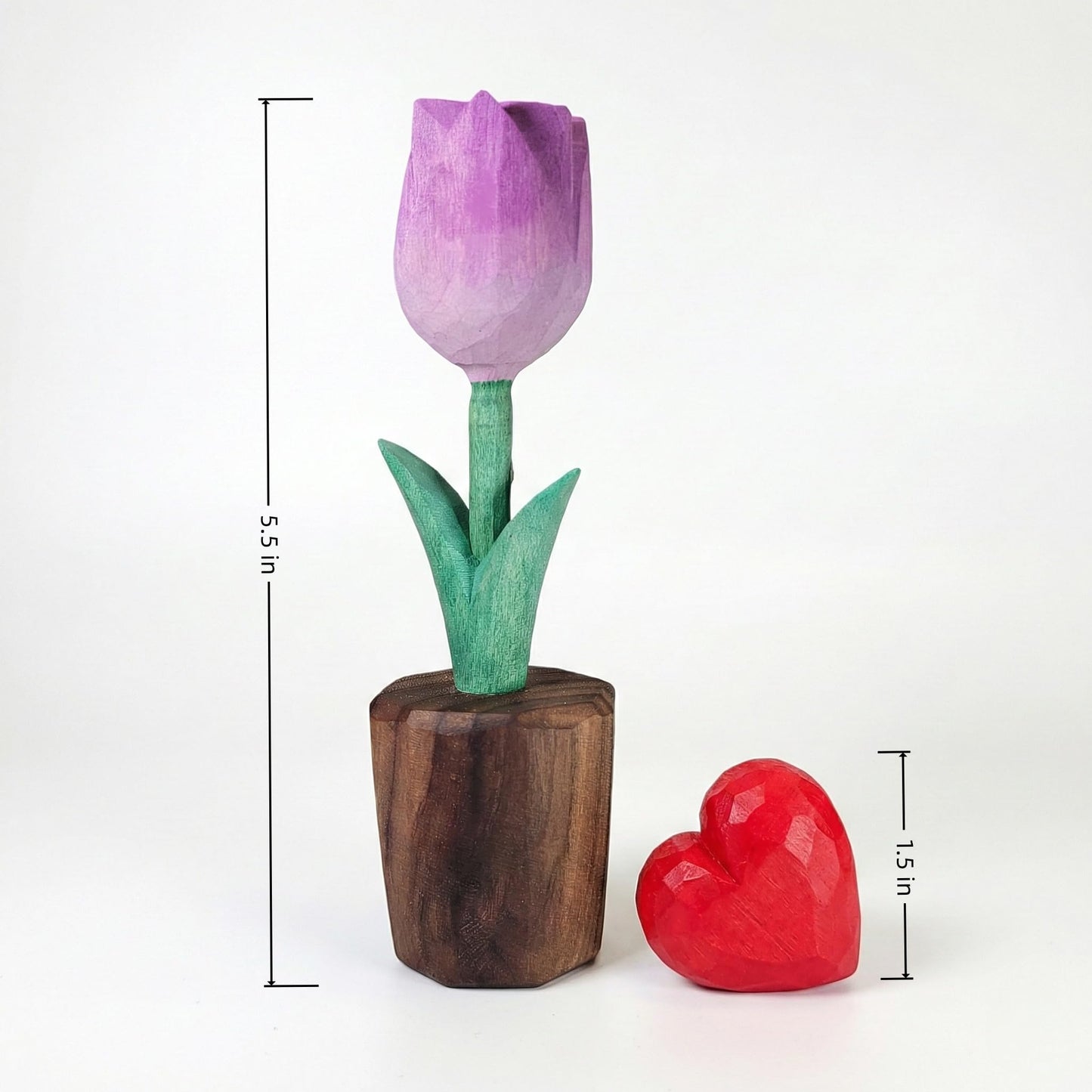 Hand Carved Wooden Tulip Flower with Red Heart Figurine in Gift Box - Everlasting Wood Sculpture for 5th, Valentine’s Day - Painted Faceted Floral Art (Lavender Purple)