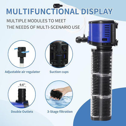 TARARIUM Aquarium Filter 260GPH for 30-75 Gallon Fish Tank, Biochemical Quiet Submersible Internal Filtration Powerful Pump Air Supply Wave Maker 4 in 1, Saltwater & Freshwater Crystal Clear