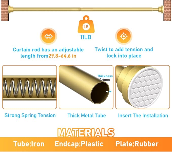 MEXAU Tension Curtain Rod For Window 30-64 Inches Adjustable Expandable Gold Spring Tension Rod Spring Curtain Rods No Drilling Extension Rods Tension Rod for Closet Doorway Kitchen