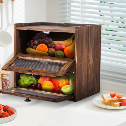 UKCOCO Wooden Bread Box 2 Layer Bread Box for Kitchen Counter Rustic Keeper with Ventilation Holes Magnetic Closure Front Windows Countertop Storage Organizer Brown